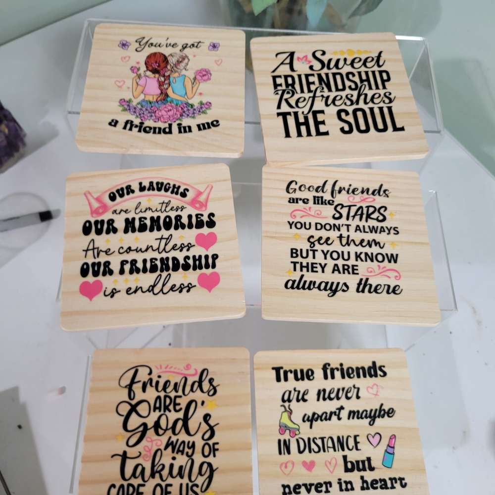 Set Of 6 Handmade Friend Theme Coasters. Wood With Foam Feet